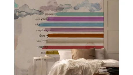 Carta da parati con righe e macchie di colore dipinte ad acquarello Colour me baby WPC_705 di Caos Creativo by Rossi&Co
