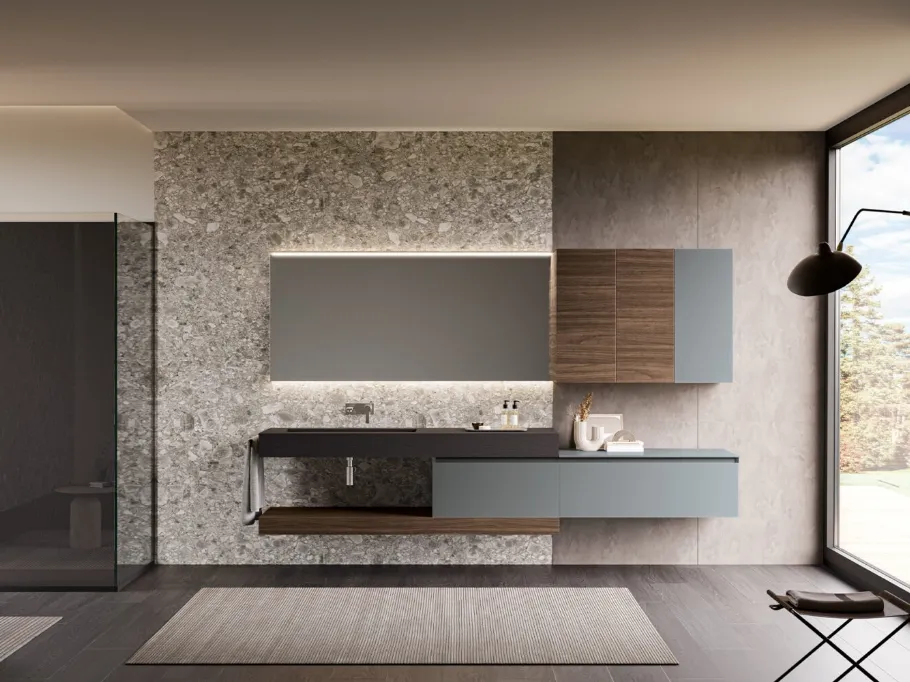 Mobile da Bagno sospeso Airy Edge 02 in laccato Granito con top in Gres Ardesia Nero di RCR