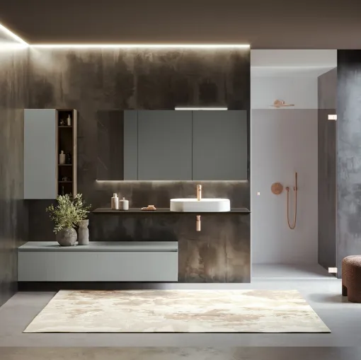 Mobile da Bagno sospeso Airy Edge 03 in laccato Grigio seta opaco e legno di RCR