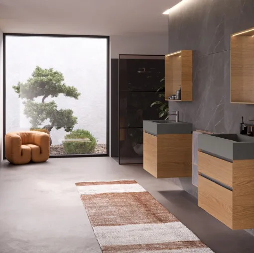 Mobile da Bagno sospeso in legno di Rovere tinto Cognac e Cemento Airy Edge 09 di RCR